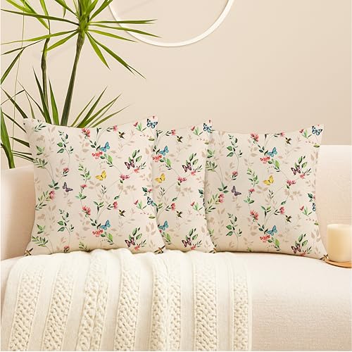 Image of Jaipur Weaves Cushion Cover 16 Inch X 16 Inch - Set of 3, Butterfly Garden 260 GSM Decorative Soft Cushion Covers for Sofa /Bed /Chair, Gift for Home Decor (Cream Garden, 3)
