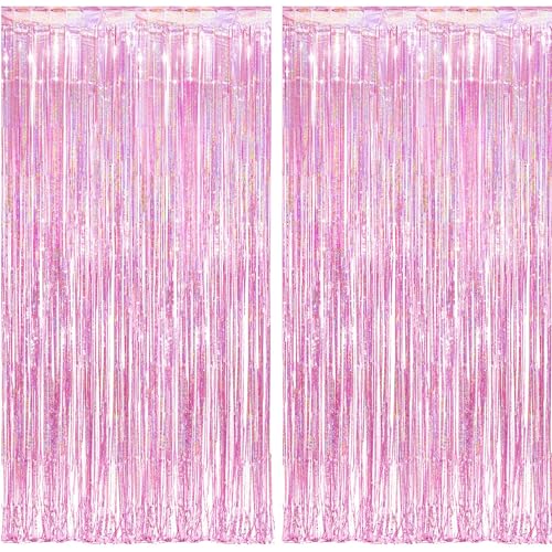 BRAVESHINE Lametta Vorhang Rosa Party Deko, 2 Stück Glitzer Folie Fransen Vorhänge 1x2,5m Lametta Hintergrund Rosa Geburtstag Deko Mädchen für Prinzessin Einhorn Schmetterling Einschulung Pyjama Party