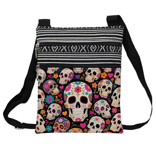 Floral Skull Messenger Bag Small Ethnic Pattern Adjustable Strap Crossbody Zipper Pouch Floral Skull Phone Organizer Wallet Cute Shoulder Handbag for Women Friends-3