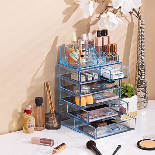 Image of Sorbus Acrylic Makeup Organizer Set, 6-Drawer Vanity & Countertop Cosmetic Storage with Small & Wide Compartments, Blue Brilliance Makeup Storage for Brushes, Jewelry - Holiday Gift for Women & Teens
