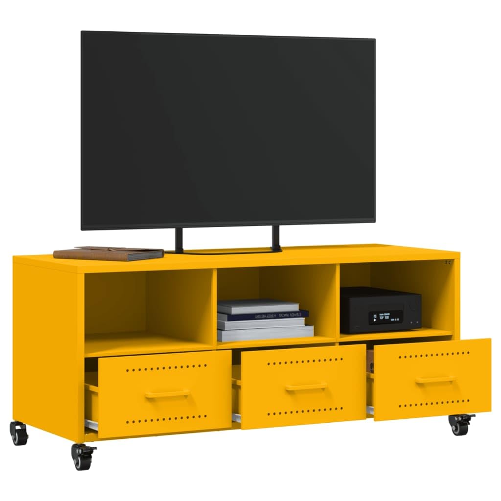 Mobile TV giallo senape, 100,5 x 39 x 43,5 cm, in acciaio laminato a freddo, con 3 cassetti e ruote, moderno, per soggiorno, corridoio e camera da letto