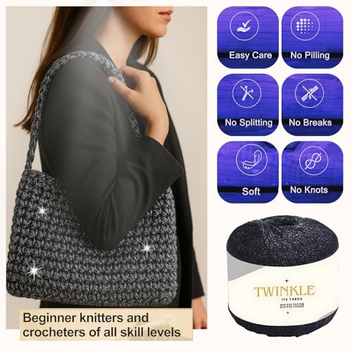 Image of Twinkle Metallic Glitter Yarn Sparkle Fine 1 Light Fingering Weight Worsted Gold Silver for Crochet Knitting, 25g 0.88oz, 175yard Soft Craft Shawls Cardigans Bags Lurex (Silver Shimmer, Pack 1)