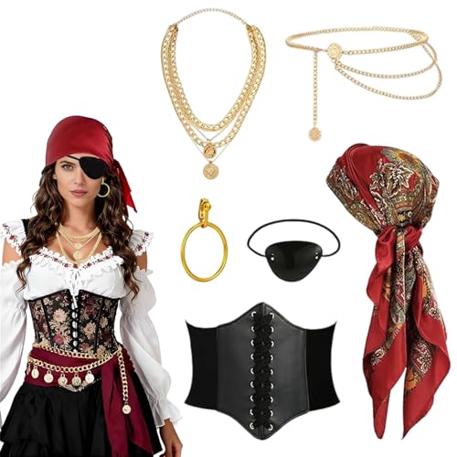 6 Pièces Ensemble d'Accessoires Costume Pirate Femme avec Bandeau Pirate, Ceinture Cache Oeil Boucles d'Oreilles Collier Chaîne de Taille Réglable, pour...