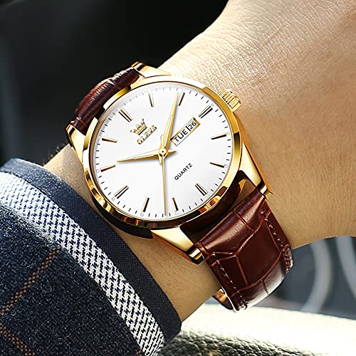 Image of OLEVS Brown Mens Leather Watch Dress Casual Day Date Quartz Wrist Watch