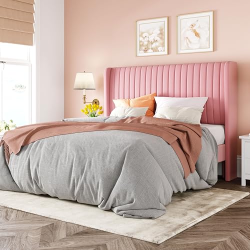 Allewie Full Size Velvet Bed Frame/Vertical Channel Tufted Wingback Headboard/Upholstered Platform Bed/Strong Wooden Slats/No Box Spring Needed/Easy Assembly/Pink