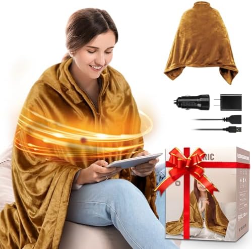 Heated Blanket Battery Operated, Electric Heated Car Blanket with Car Charger, USB Heating Blanket Throw Portable, Wearable Heating Blanket for Camping and Office, Brown (Battery is Not Included)
