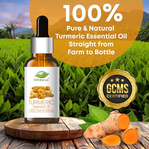 Image of Farm Blends Turmeric Essential Oil 100% Undiluted Pure | For Glowing Skin, Lightens Dark Spots, Marks, Strong Hair | Farm To Home | Natural | Corcuma longa|30ML + 30ML (Pack of 2)