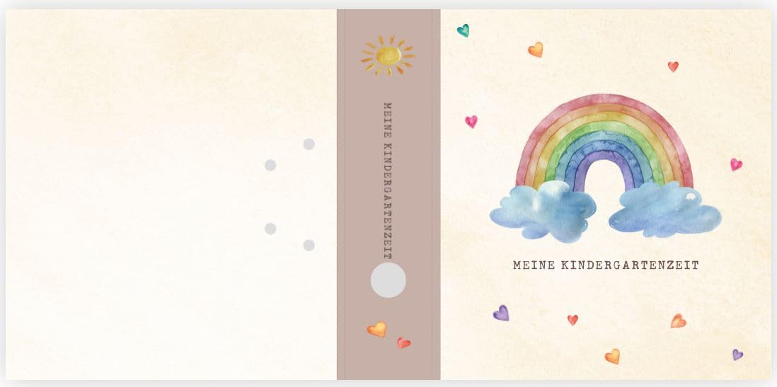 Ringordner | Ordner für Kinder | Wunschtext personalisieren | Regenbogen mit Herz | Mit Griffloch | für DIN A4 | 7,4 cm breit | Kindergartenzeit | Wolken