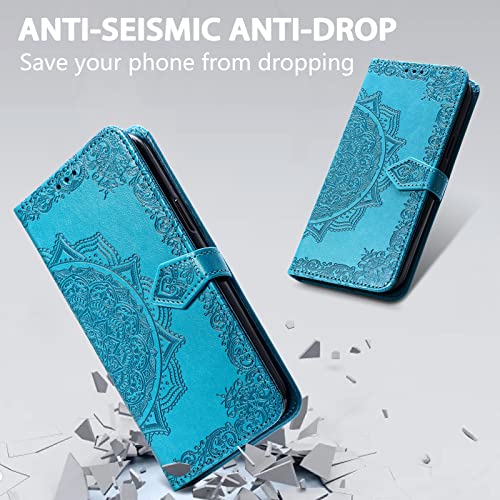 Poonloon For Samsung Galaxy S21 Fe Wallet Case, Galaxy S21 Fe Case Wallet, [Flower Embossed] Rfid Pu Leather Magnetic Flip Phone Case With Card Holder Stand Lanyard For Samsung Galaxy S21 Fe 5G Blue #TOP5