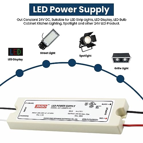 Image of Jinbo 60W 24V LED Driver, Power Supply, IP67 Waterproof, 3Years Warranty, Volts Transformer Adapter, Short Circuit Protection, Energy-Efficient & Reliable, LED Lights, Outdoor Light, UL Listed