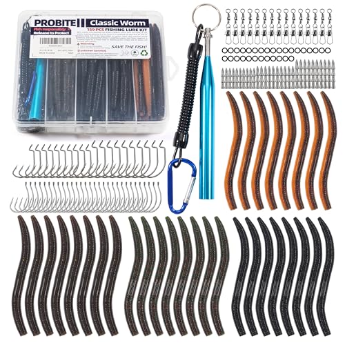 159PCS Stick Worm Baits Wacky Rig Kit for Bass Fishing Soft Plastic Stick Lures with Hooks O-Rings Weights Swivels Wacky Tool & Tackle Box for Freshwater & Saltwater (5in)