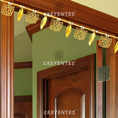 Image of CREYENTES Door Hanging Bandanwar Toran 36 Inch- Home Decor Item For Main Door Handmade Traditional Bandarwal Diwali Decoration Item, Festival,Home Decor, Diwali Festive Decor (Pan), Gold