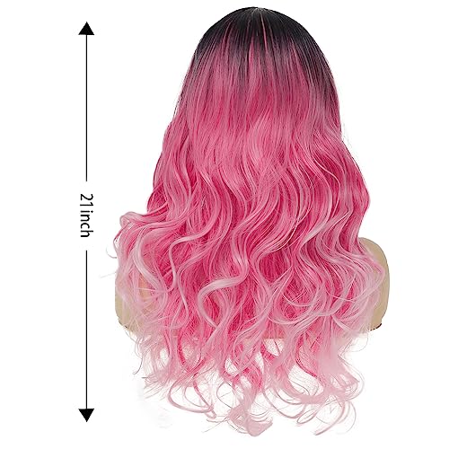 Image of Swiking Women Ombre Pink Long Curly Wig Dark Roots Wave Middle Part Synthetic Wigs for Halloween Cosplay Wig (Ombre Pink)