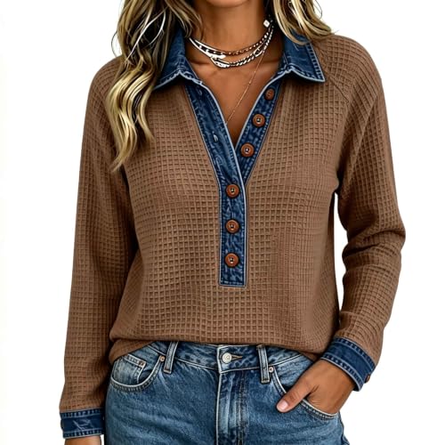 Waffle Knit Tops for Women Long Sleeve Denim Patchwork Fall Henley Shirts - image 2