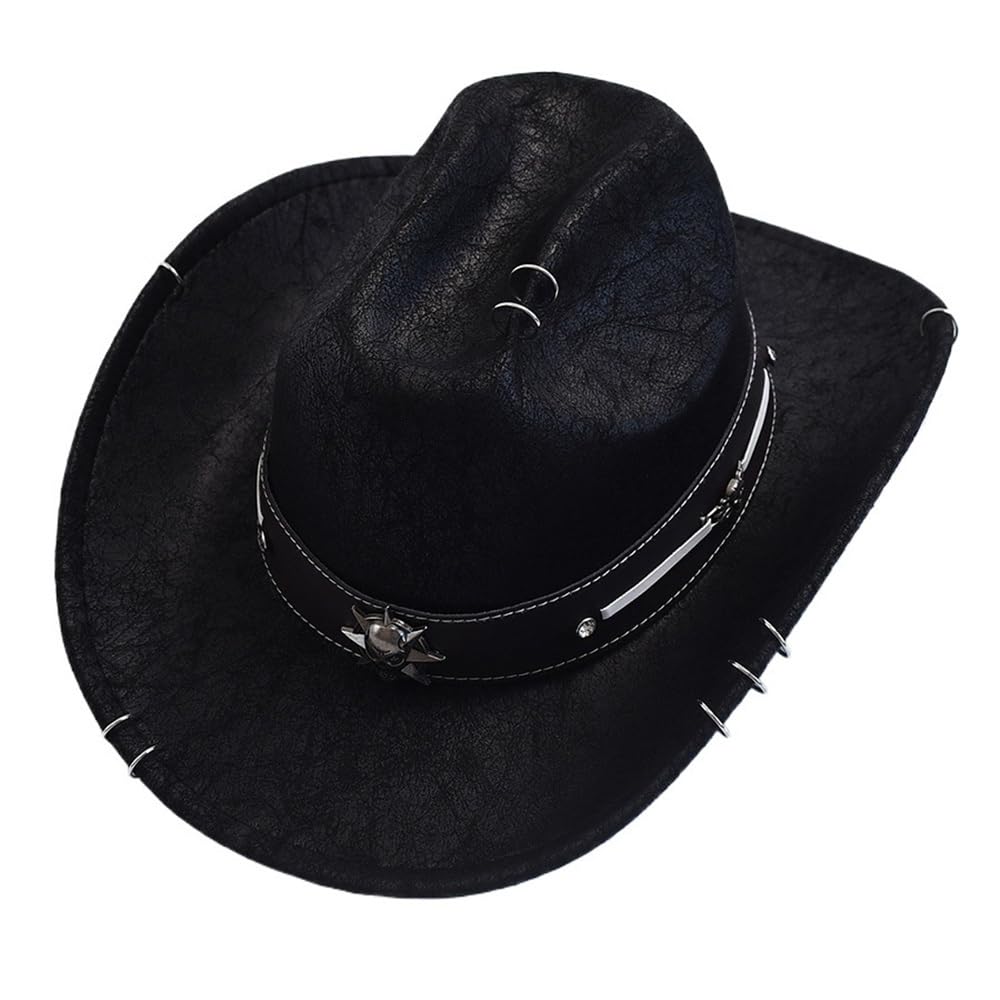 HVDFPPKGYZ Men Women Faux Leather Western Cowboy Hat Vintage Gentleman Cowgirl Jazz Hats Felt Wide Brim Cowgirl Hats(1)