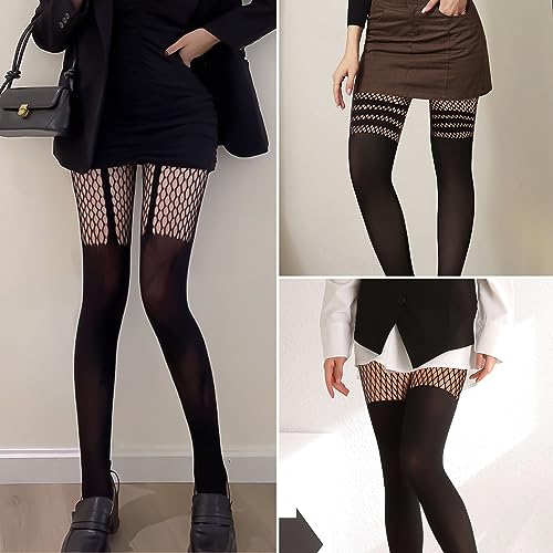 MANZI Womens Faux Thigh High Fishnet Stockings Stitching Opaque Pantyhose Mock Over the Knee Goth Striped Suspender Tights