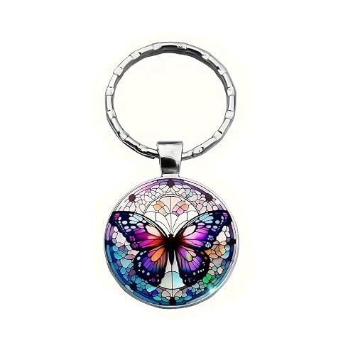 4Trails Unisex Silver And Multi-Colour Butterfly Glass Dome Keyring, Multi-Coloured Decorative