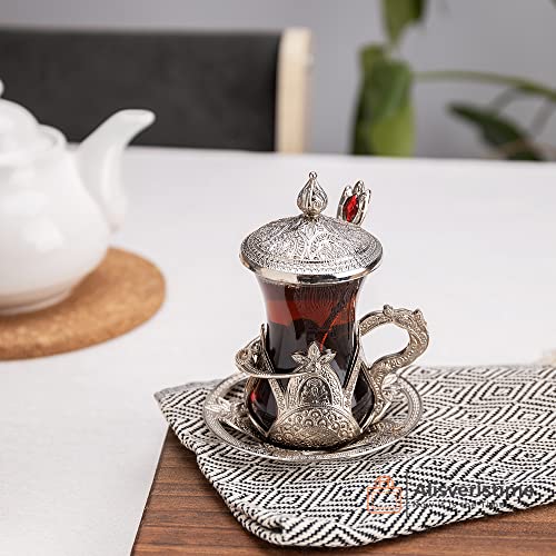 Alisveristime (Set Of 6) Handmade Turkish Tea Water Zamzam Serving Set Glasses Saucer (Silver) #TOP1