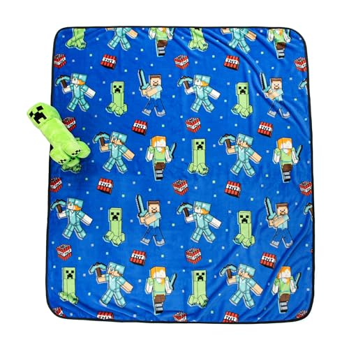 Jay Franco Minecraft Creeper Plüsch-Minikissen & Decke 130 x 150 cm – Set mit Flauschiger Kuscheldecke und Kissen für Kinder, weiches 2-teiliges Kuschelset