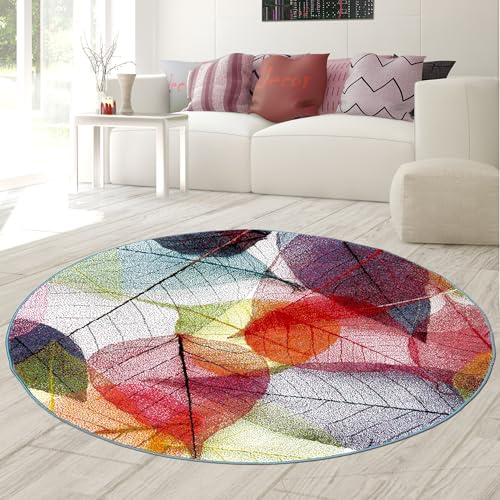 Teppich-Traum Teppich Wohnzimmer Wohnbereich Tischunterlage Essbereich pflegeleicht strapazierfähig Mehrfarbig farbecht mit Laubmuster in Bunt, 80 cm Rund