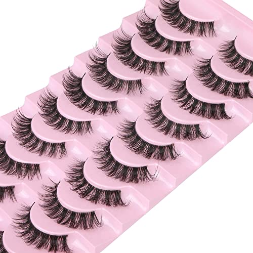 Cat Eye Lashes Natural Look False Eyelashes Angle Wing Mink Lashes Wispy Fluffy Clear Band Lashes Pack 10 Pairs 17Mm Fake Eyelashes #TOP4