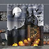 TOENGS Halloween Theme Shower Curtain Haunted Mansion Scary Witch Riding Broom Spooky Pumpkin Bat Mo