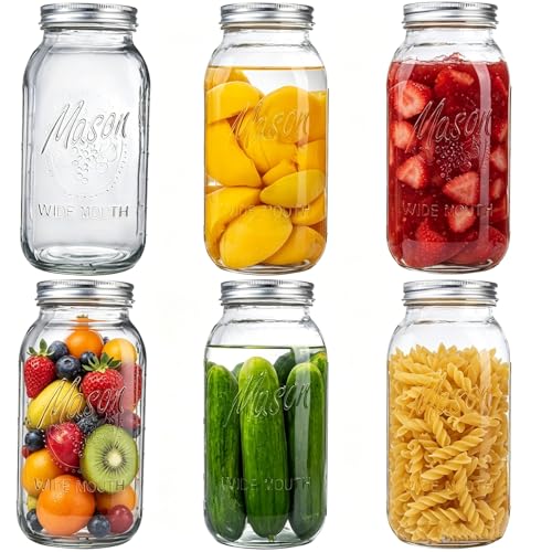 64 oz Mason Jars with Lids Glass Jars for Canning Wide Mouth Mason Jars for Spice Storage Glass Jar with Lid for Pantry Organization Jars for Home Kitchen Canning Set of 6