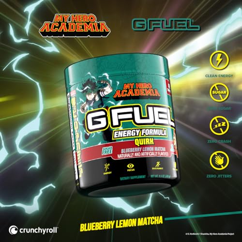 Image of G Fuel My Hero Academia Energy Drink Powder, Pre Workout Caffeine Mix for Gaming, Sugar Free Focus Amino, Vitamin + Antioxidants, 9.9oz (Blueberry Lemon Matcha, 40 Servings)