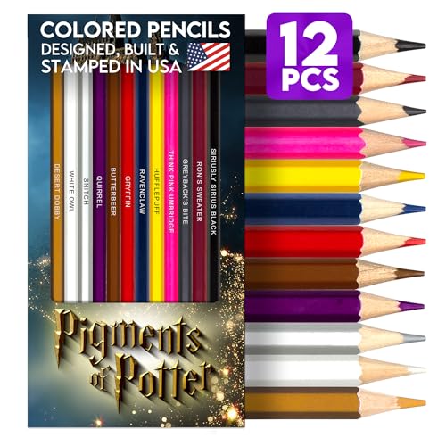 Pun Labs Pigments of Potter Colored Pencils Set - 12 Soft Core Pencils with Clever Foil-Stamped Names, Coloring Pencils for Adults, Coloring Books, Drawing, Ideal Gift for Potterheads & Fans