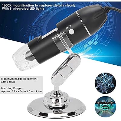 Portable Electron Microscope, 1600X Digital, 8 LED Lights, Handheld USB, High-Definition, Black, ABS Material