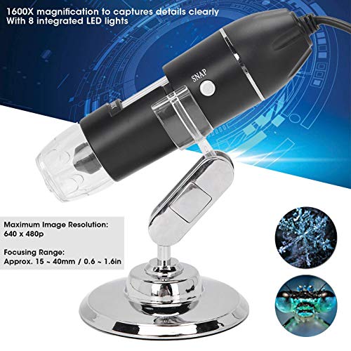 Image of Portable Electron Microscope, 1600X Digital, 8 LED Lights, Handheld USB, High-Definition, Black, ABS Material