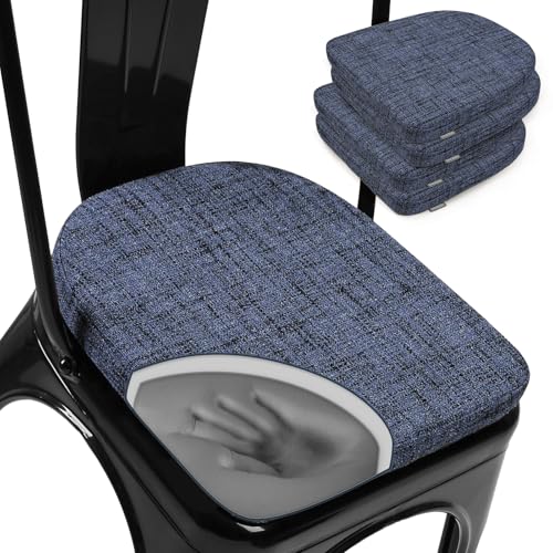 SINOSSO Magnetic Chair Pads for Metal Chairs Non-Slip, 14" Memory Foam Seat Cushions U-Shape 4 Pack, Cushions for Dining Room Kitchen Cafe Bistro Stackable Chairs, Blue