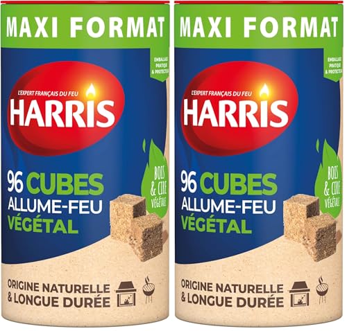 Harris - 96 Cubes Allume feu - 100% végétal - Maxi Format Cylindre - sans Odeur - Longue durée - Rapide et Facile d'utilisation - Intérieur & Extérieur - Entreprise française - x96 (Lot de 2)