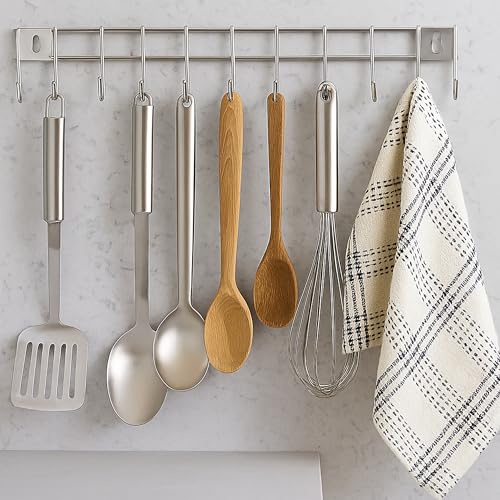 Image of Stainless Steel Kitchen wall Hooks for Hanging with 12 Hooks - Wall Mounted Stand for Spoons, Pans, Ladles & Cooking Tools | Bathroom Hanger, Kitchen Hanging Tools (2 Pcs)