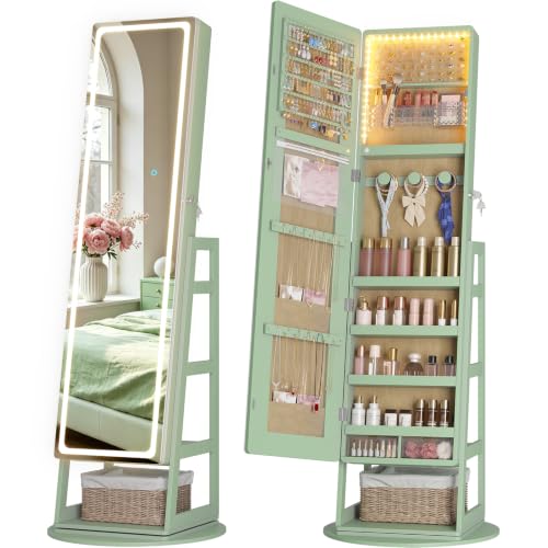 LVSOMT Standing Jewelry Cabinet Mirror with Adjustable LED Light Green