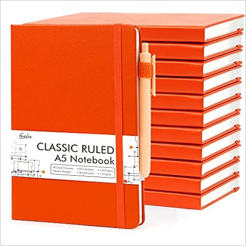 12 Pack Notebooks Journals Bulk with 12 Black Pens, Feela A5 Hardcover Notebook Classic Ruled Journal Set with Pen Holder for School Business Work Travel Writing, 120 GSM, 5.1”x8.3”, Orange