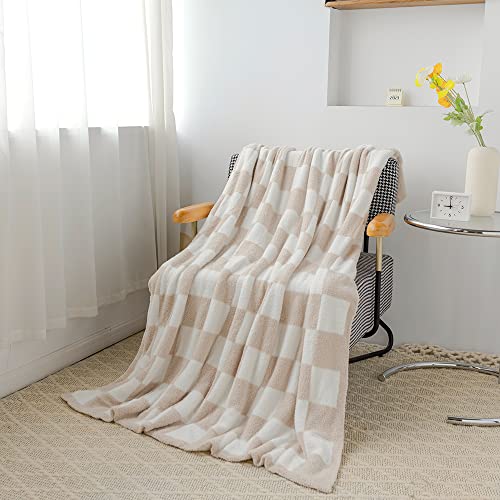 Andreannie Cozy Warm Fluffy Kahki Microfiber Polyester Buffalo Checkerboard Pattern Throw Blanket Knitted Checkered Lightweight Bed Blanket For Sofa Bed Cabin Decor (Twin :60X80 In, Kahki) #TOP1