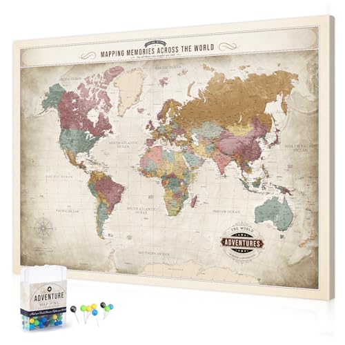 Image of DECORARTS - Oversized World Travel Map with Pins, Pin Board Canvas Wall Art, Extra Large Vintage Pastel World Maps for Wall, Giclee Print, Handcrafted in USA, 40x30''