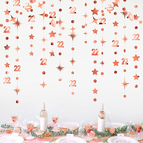 Decoración de cumpleaños 22 oro rosa con guirnalda de estrellas y banderines para fiesta