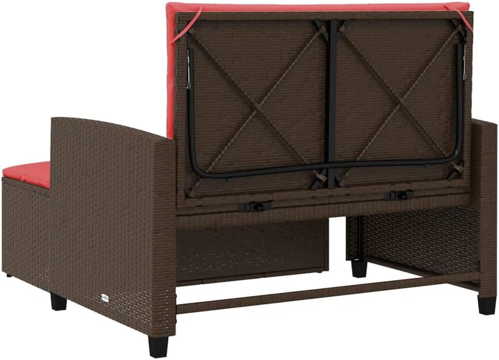 2-Seater Patio Sofa Brown Poly Rattan Outdoor Loveseat with Red Cushions, Convertible Small Patio Couch for Balcony Garden Terrace