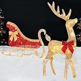 Best Choice Products 4ft Lighted 2D Reindeer & Sleigh Set, Christmas Holiday Deer & Sled Outdoor Yard Decoration w/ 140 LED Lights - Gold