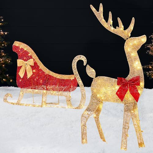 Best Choice Products 4ft Lighted 2D Reindeer & Sleigh Set,