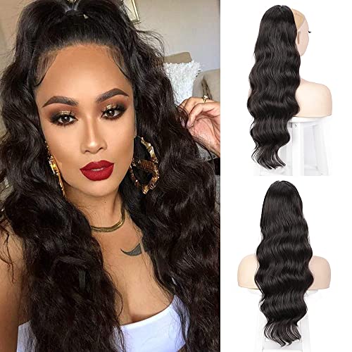 Ponytail Extensions Drawstring Long Wavy 24Inch for Women Clip in Hair Extensions Curly Wavy Ponytail Hairpiece (2#, Dark Brown)