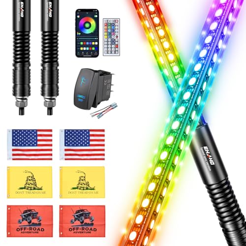 Ehaho 2 Pack 3FT LED Whip Light with Speed Sensing, Whip Lights with Spring Base, Tri-Sided RGB...