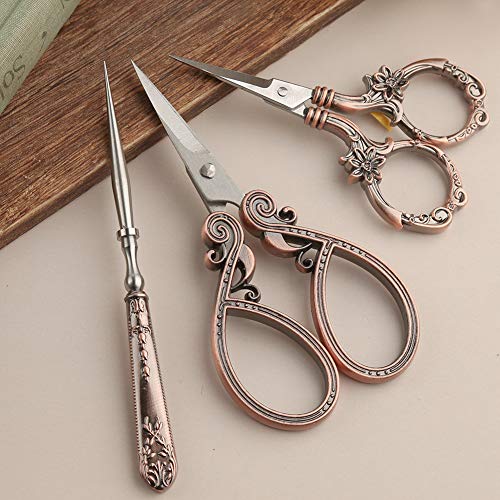 مجموعات التطريز تتضمن زوجين من المقص العتيق، حقيبة إبرة الخياطة، كشتبان وخيط، مجموعة خياطة كاملة على الطراز الاوروبي للتطريز والتطريز (احمر نحاسي)