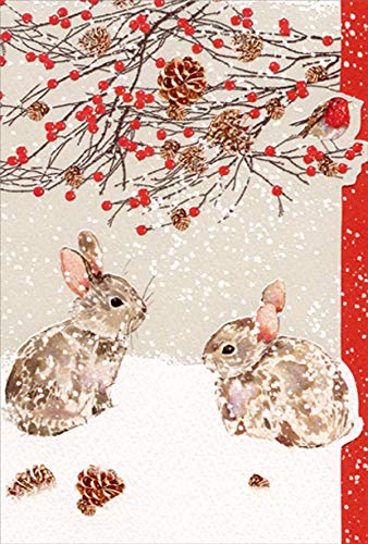 Pictura 2 Rabbits Under Branches with Red Berries Christmas Card to Couple