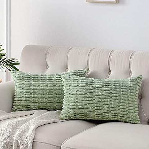 Fancy Homi Pack of 2 Sage Green Lumbar Decorative Throw Pillow Covers 12x20 Inch for Living Room Couch Bedroom, Soft Corduroy Rectangle Solid Cushion Case 30x50 cm, Rustic Farmhouse Boho Home Decor Cover