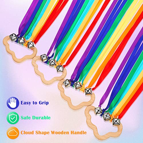 Aoriher 4 Pieces Rainbow Hand Ribbon Kite with Bells Wind Wand Dancing Ribbon Streamer Cloud Wood Sensory Toys Wooden Educational Toy for Party Birthday (Rainbow Colors)