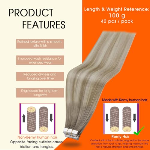 Image of Full Shine Balayage Tape in Extensions Color 19 /8 /60 Tape in Hair Extensions Human Hair 22Inch Seamless Skin Weft Double Sided Adhesive Extension for Daily Office Look 40Pcs 100G