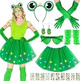 7tlg Frosch Kostüm Damen, Froschkönig Kostüm Erwachsene, Froschkostüm mit Frosch Haarreif, LED Tutu Tüllrock, Handschuhen, Aufkleber, Ohrringen und Brille für Fasching,Karneval,Mottopartys,Halloween